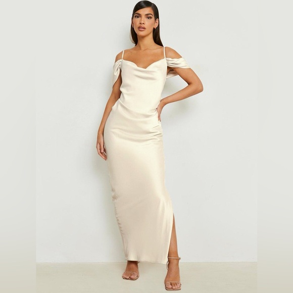 Boohoo Dresses & Skirts - BOOHOO Cold-Shoulder Satin Bodycon Maxi Dress